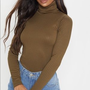 Khaki Ribbed Polo Neck Top